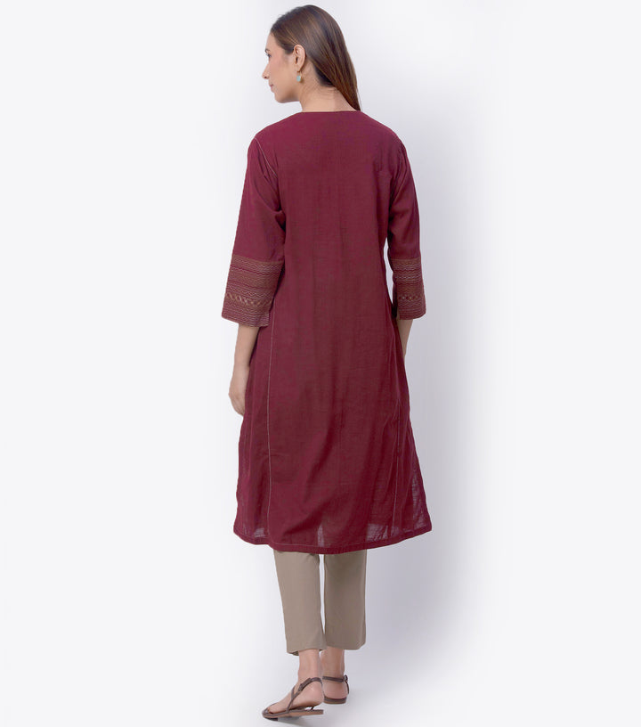 Maroon Cotton Linen Kurta