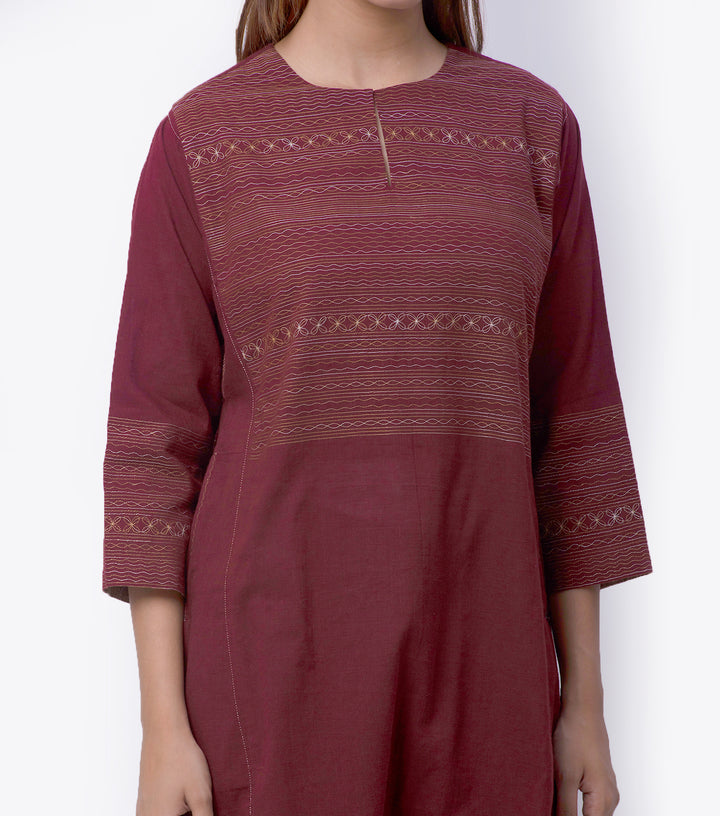 Maroon Cotton Linen Kurta