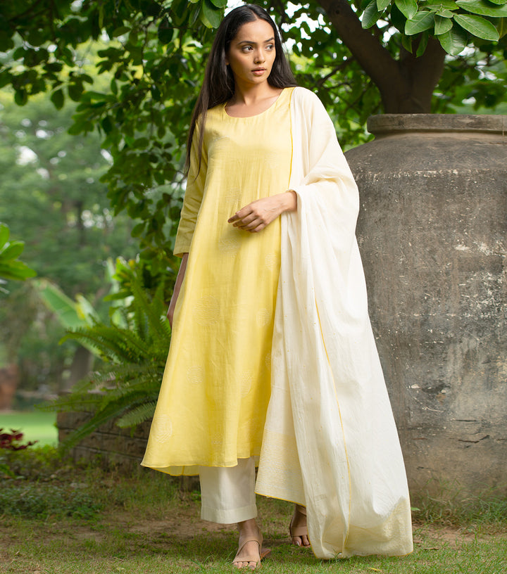 Yellow Embroidered Cotton Kurta & Ivory Dupatta Set