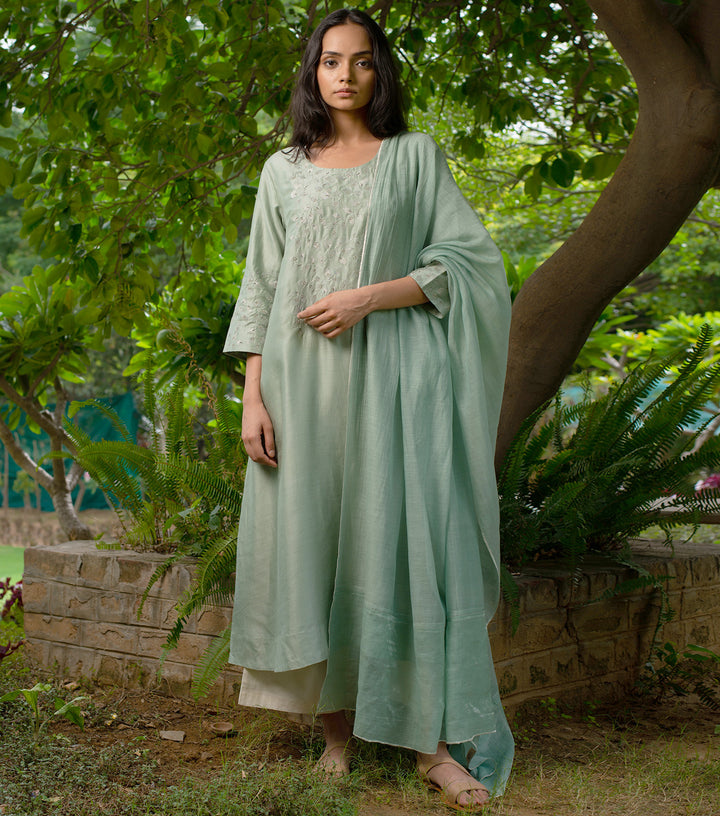 Pista Green Cotton silk Kurta & Chanderi Dupatta Set