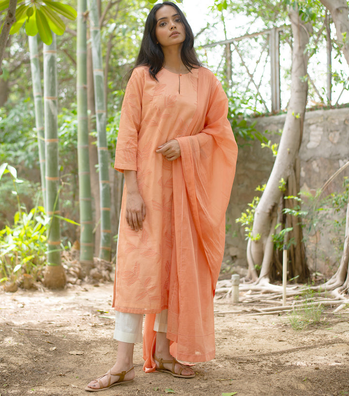 Salmon Floral Embroidered Cotton Kurta & Dupatta Set