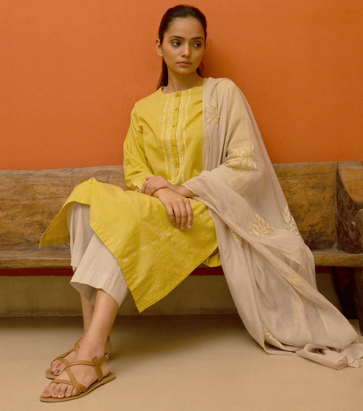 Yellow Cotton Kurta & White Palazzo Pants Set