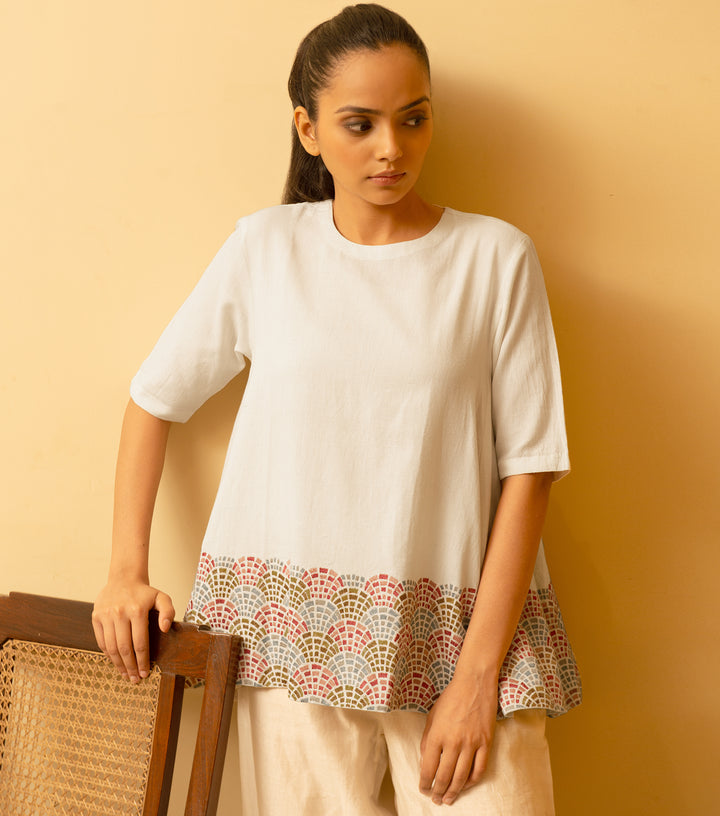 Natural embroidered cotton linen top