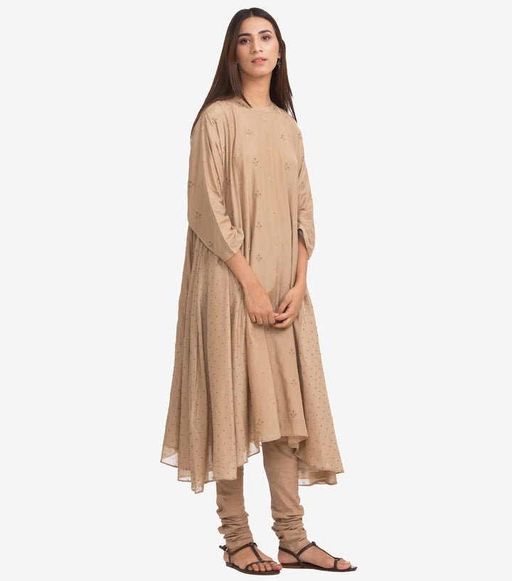 Beige Cotton Silk Embroidered Kurta