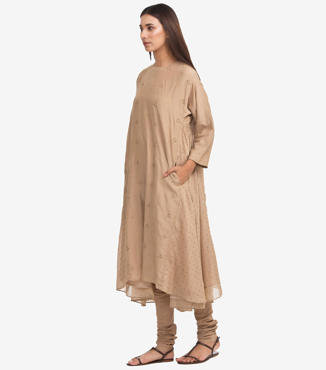 Beige Cotton Silk Embroidered Kurta