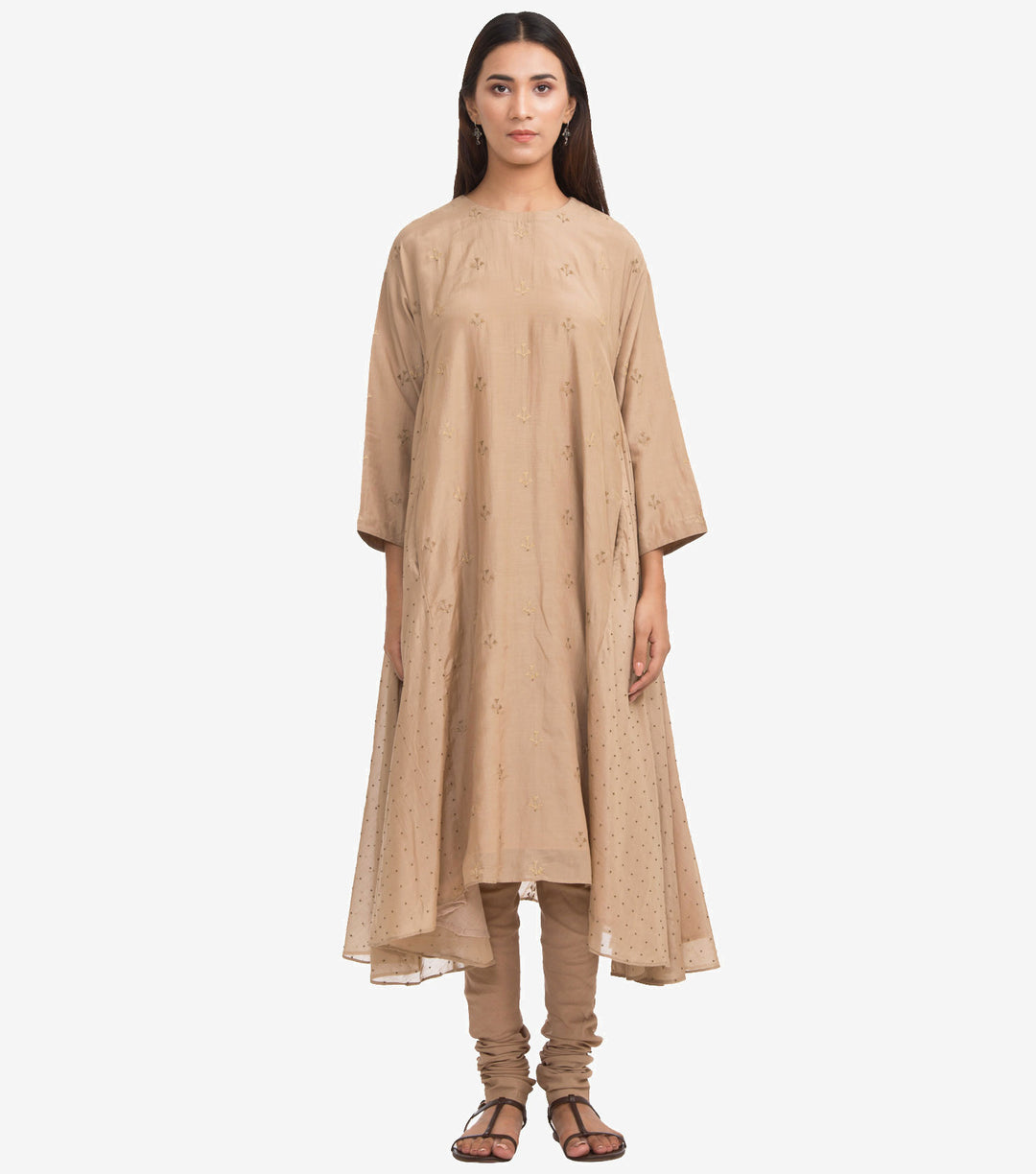 Beige Cotton Silk Embroidered Kurta