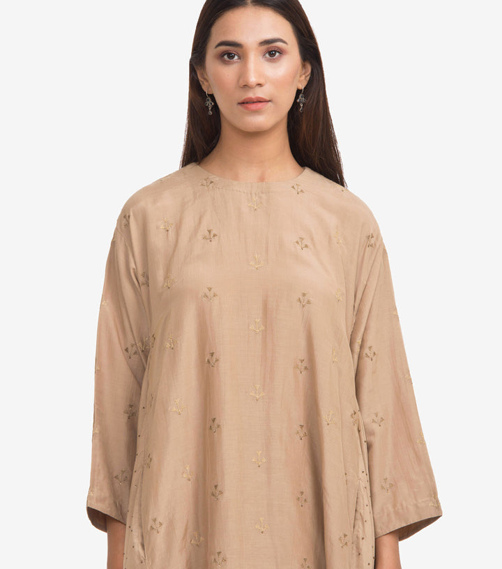 Beige Cotton Silk Embroidered Kurta