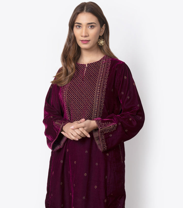 Wine Velvet Embroidered Kurta & pants set