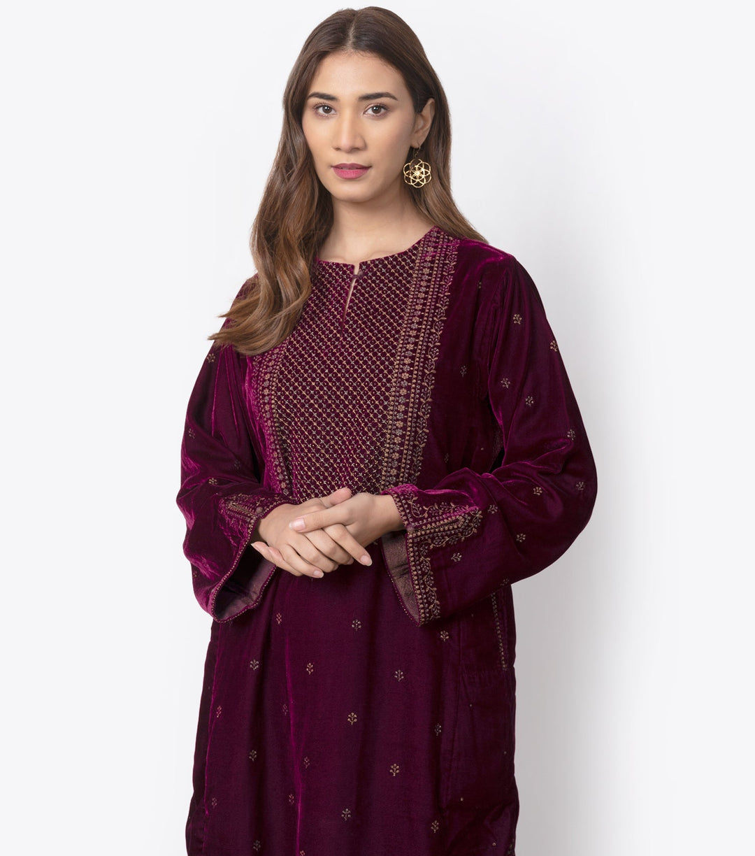 Wine Velvet Embroidered Kurta