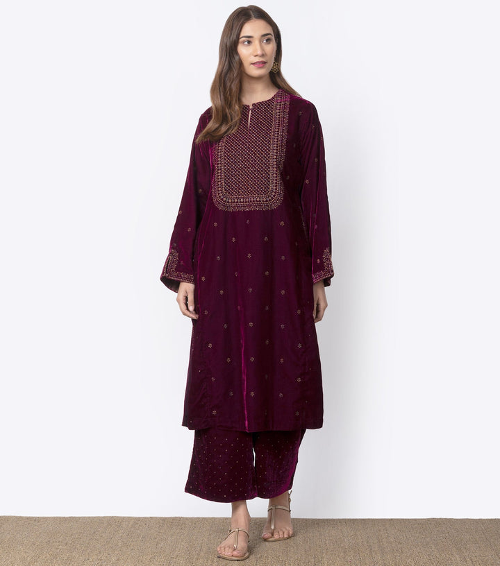 Wine Velvet Embroidered Kurta