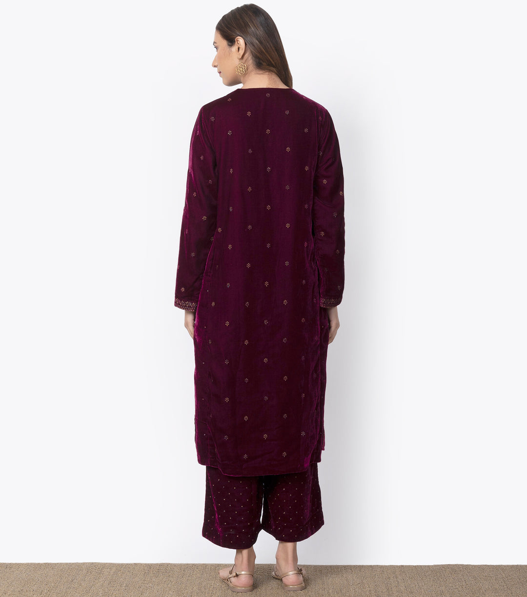 Wine Velvet Embroidered Kurta & pants set