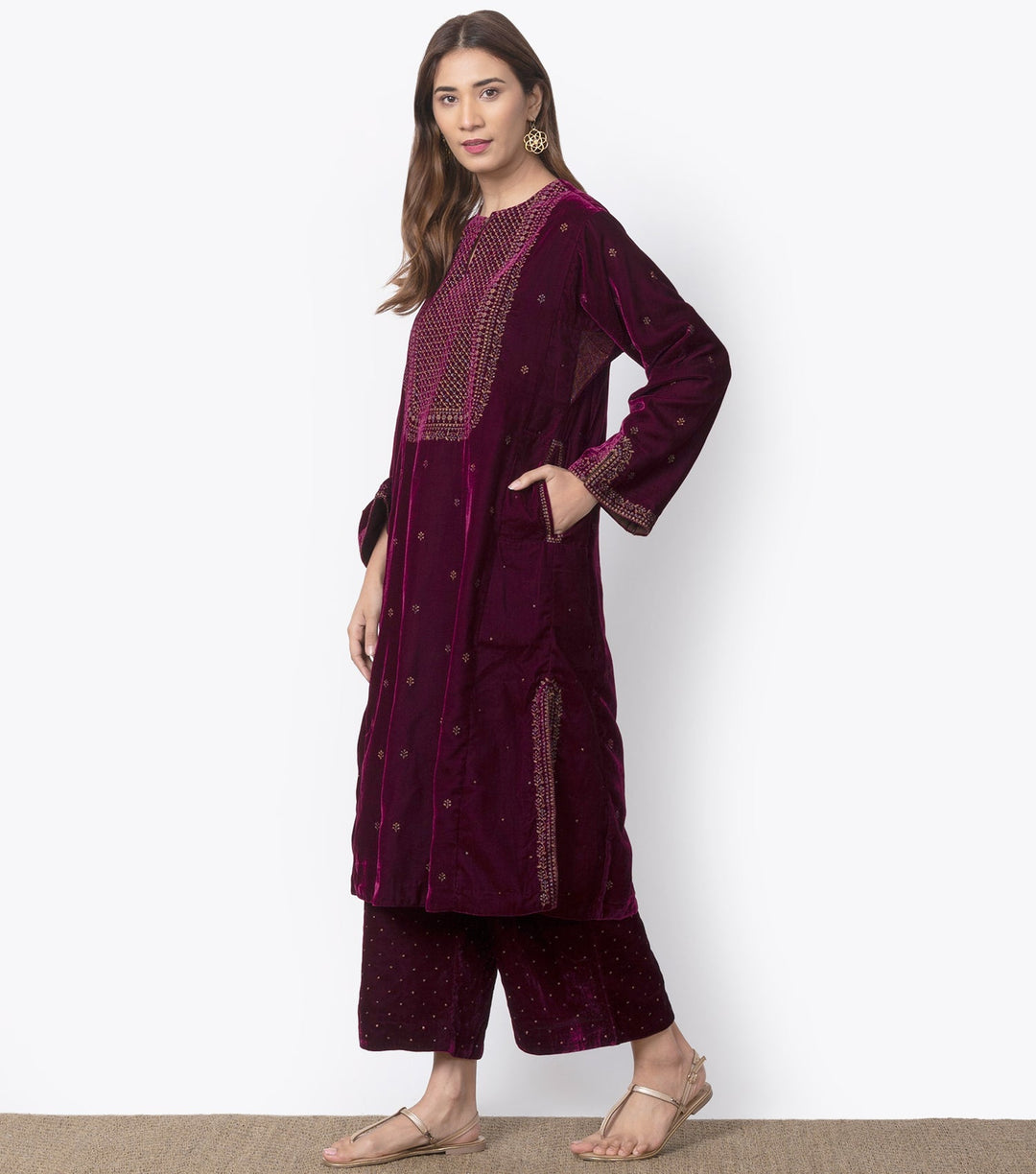 Wine Velvet Embroidered Kurta