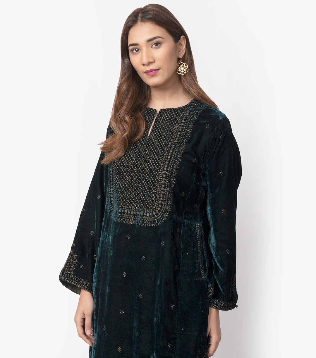 Green Velvet Embroidered Kurta set