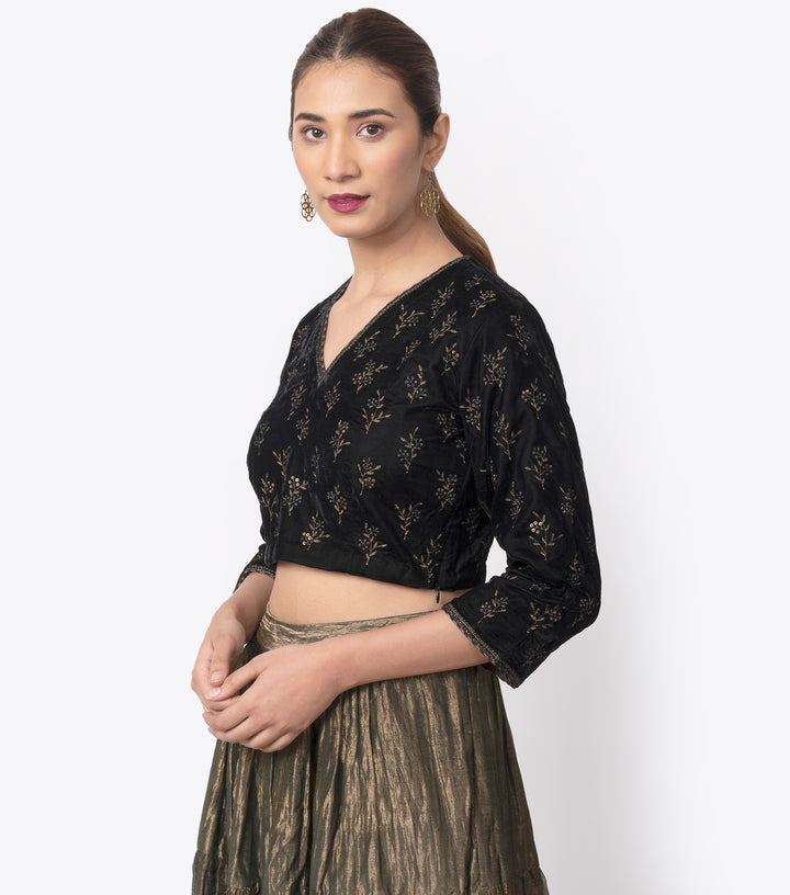 Black velvet embroidered blouse