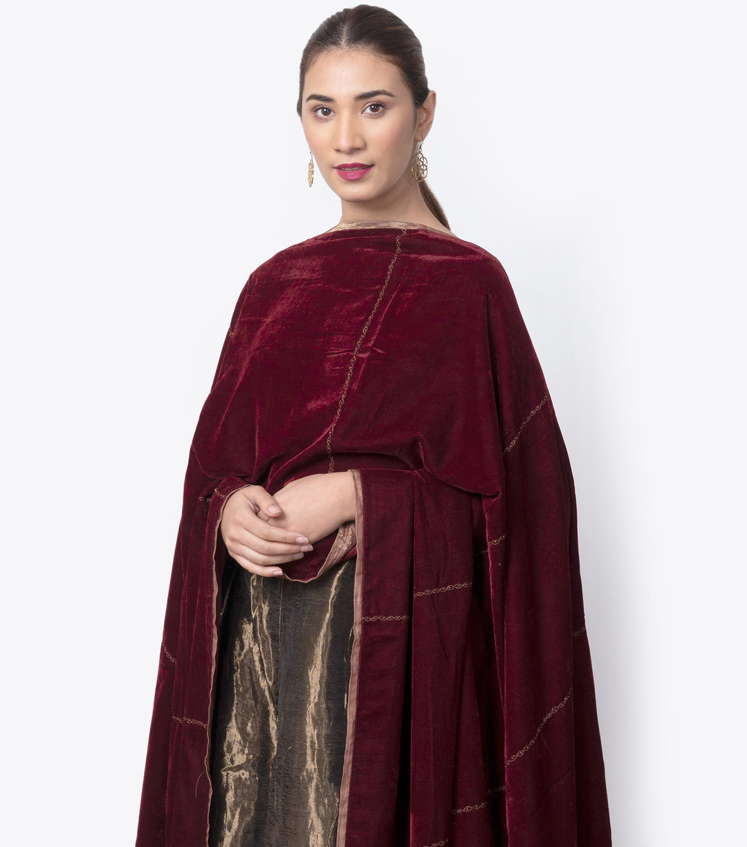 Maroon embroidered velvet dupatta