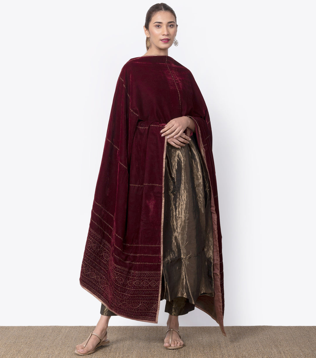 Maroon embroidered velvet dupatta