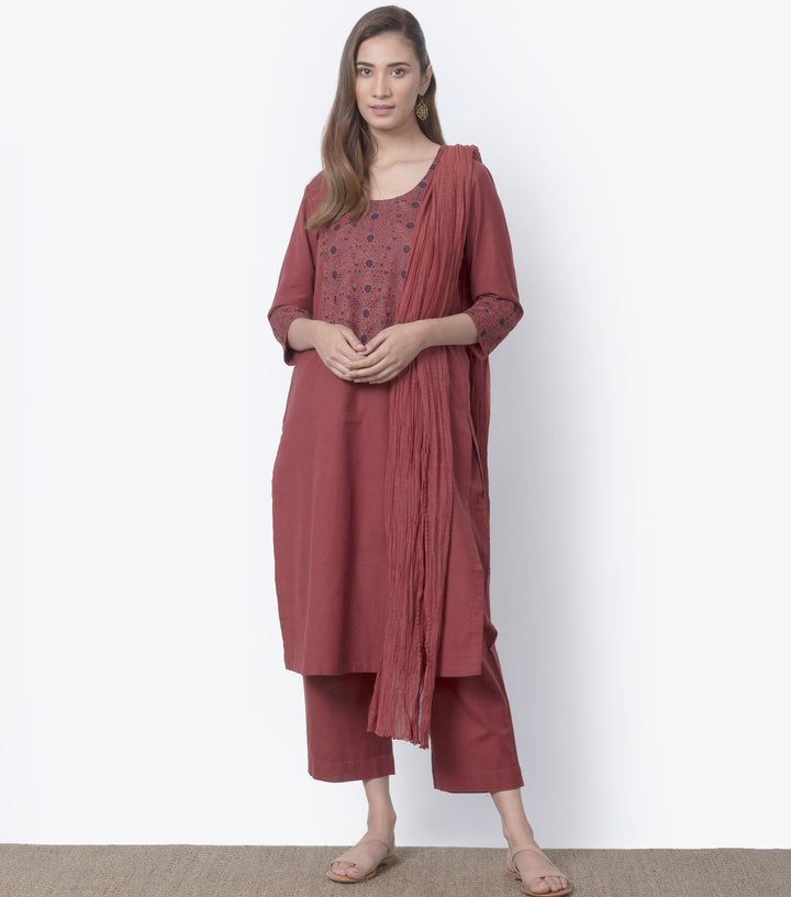 Brick Red Embroidered Cotton Suit Set