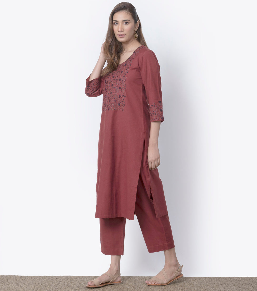 Brick Red Embroidered Cotton Suit Set