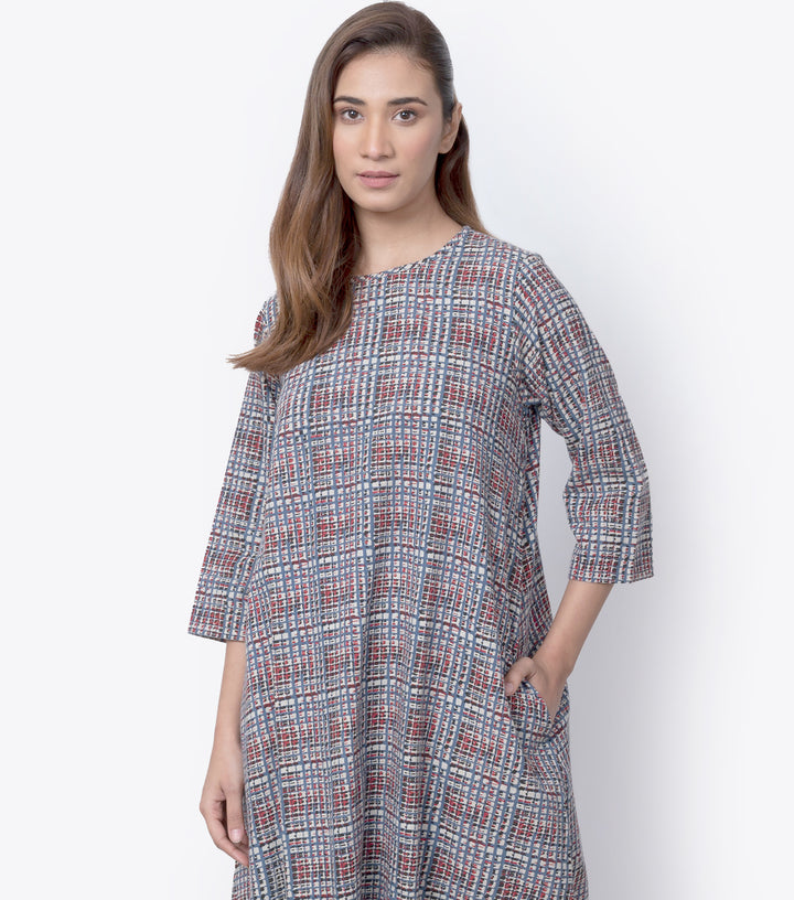 Blue printed khadi kurta