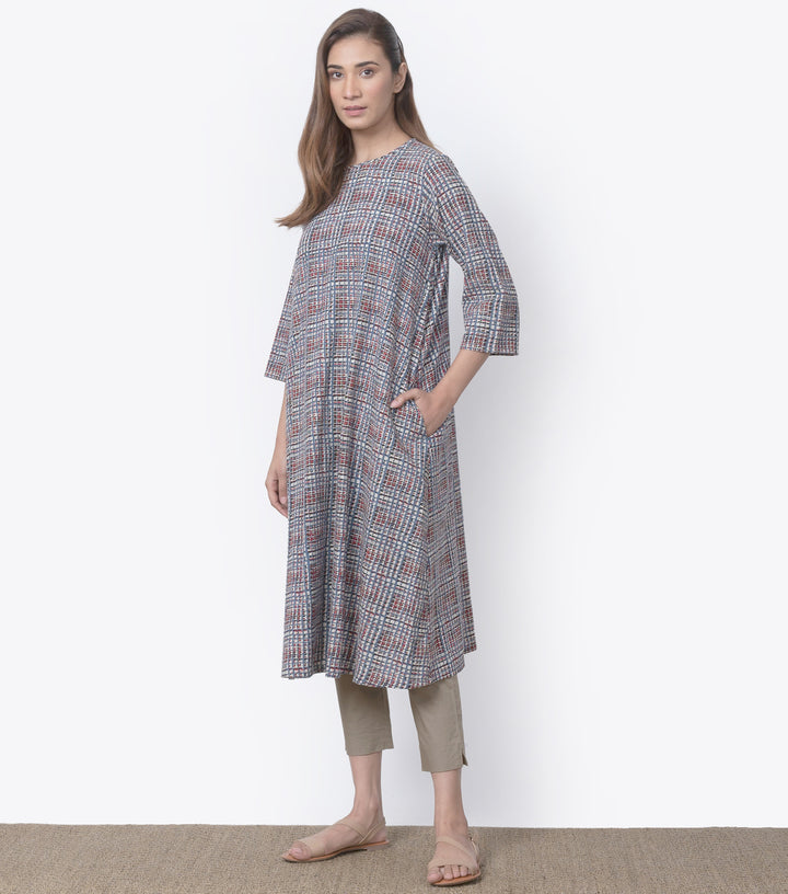 Blue printed khadi kurta