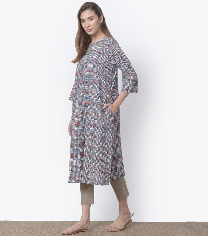 Blue printed khadi kurta