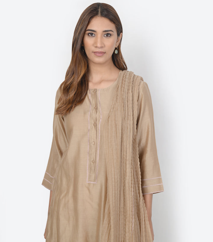 Beige Cotton Silk Kurta & Dupatta Set