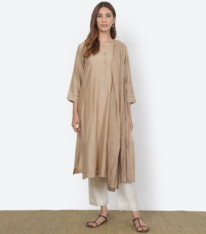 Beige Cotton Silk Kurta & Dupatta Set