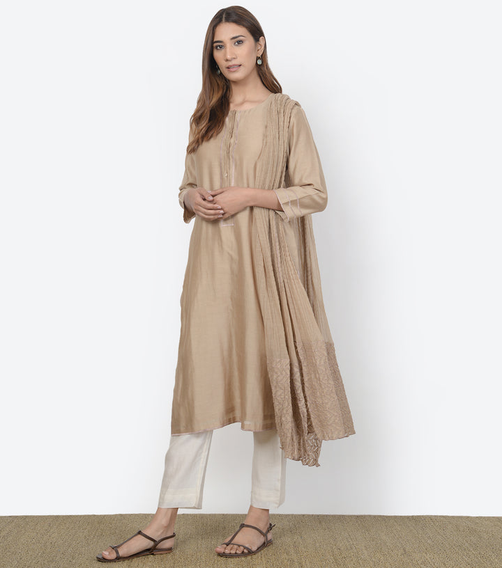 Beige Cotton Silk Kurta & Dupatta Set