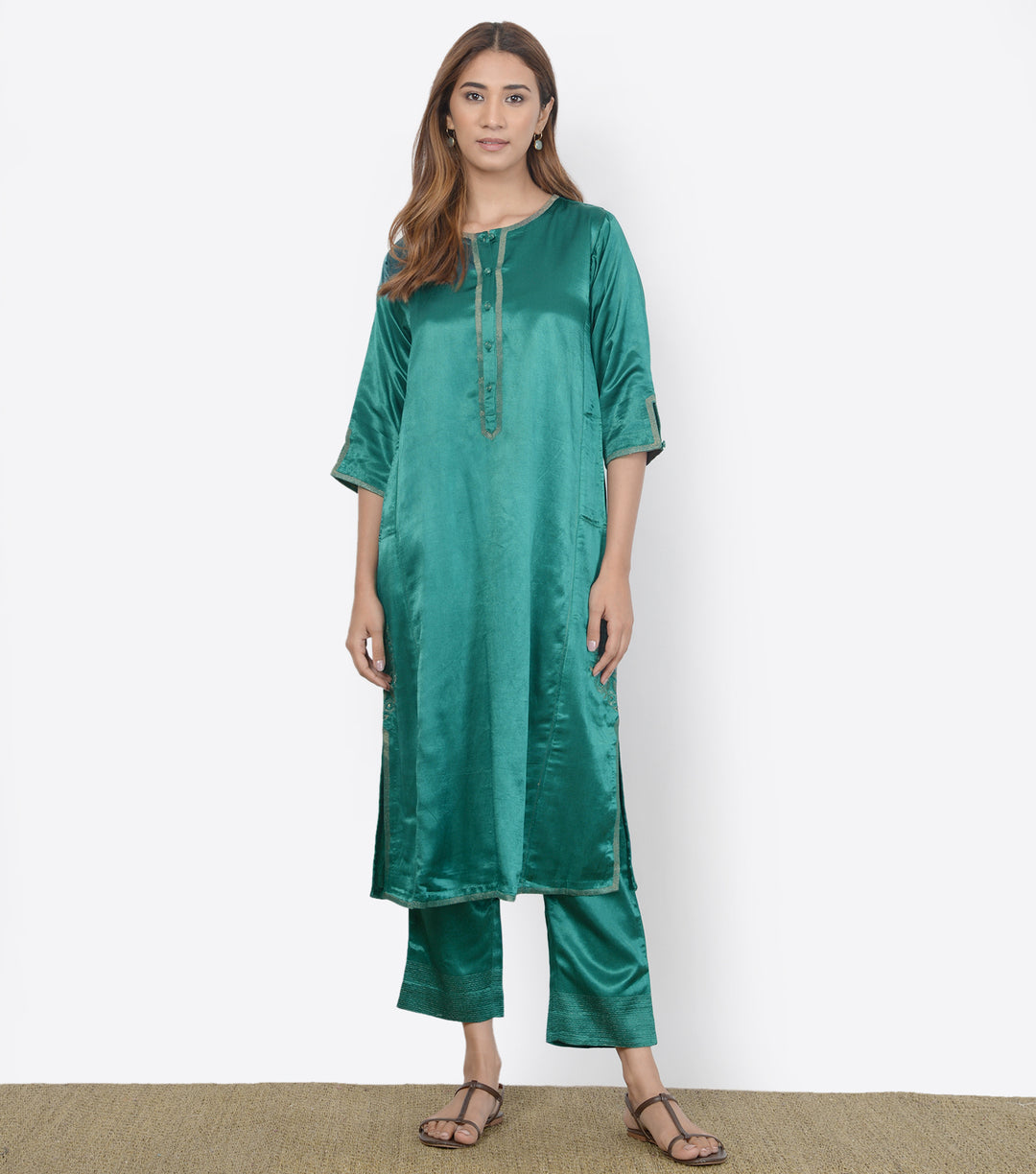 Emerald Mashroo Silk Kurta with pants - Set of 2