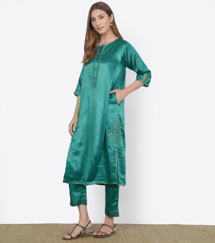 Emerald Mashroo Silk Kurta with pants - Set of 2