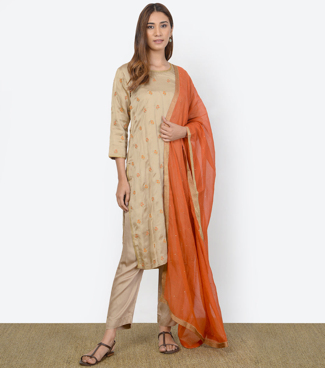 Beige Embroidered Silk Suit Set