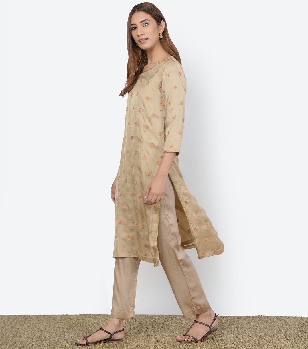 Beige Embroidered Silk Suit Set