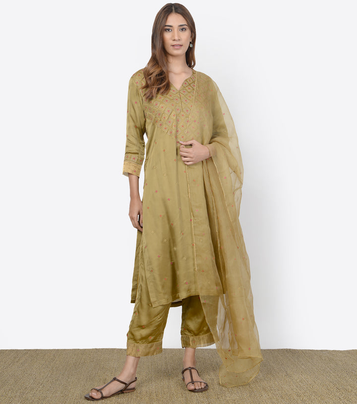 Olive Green Silk Suit Set