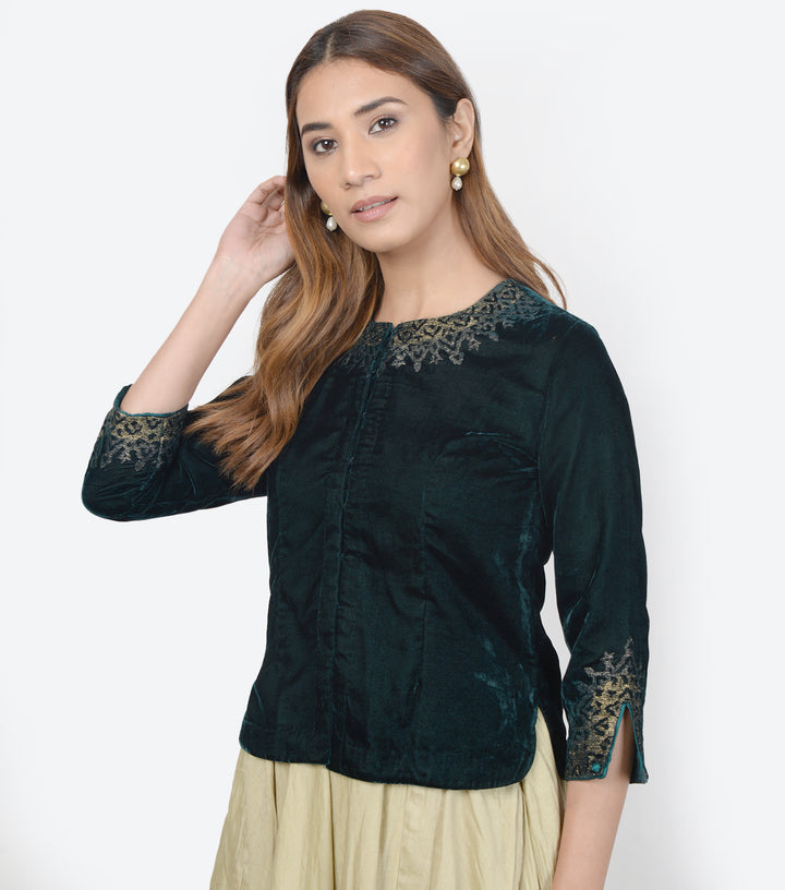 Emerald Green embroidered velvet blouse