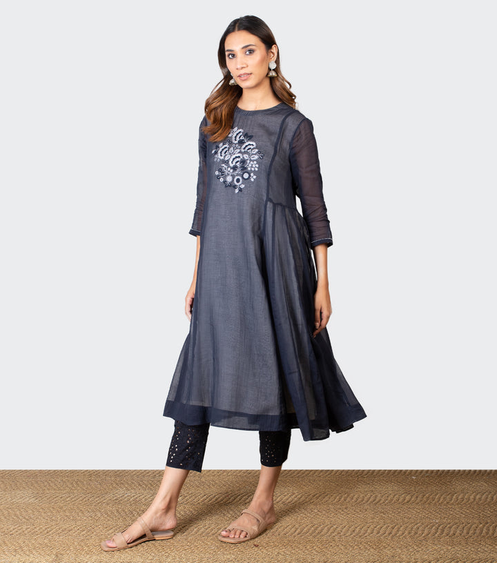 Navy Blue Embroidered Cotton Tunic