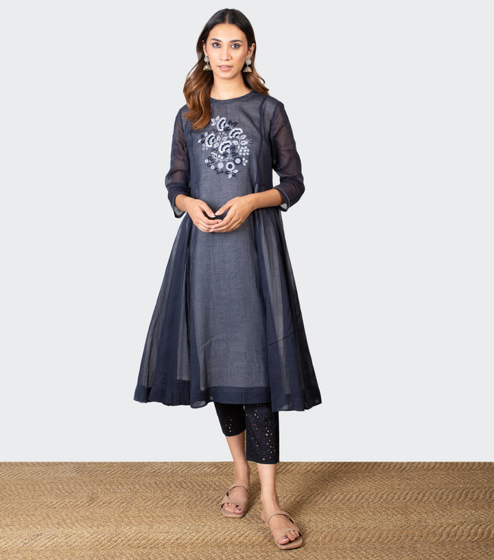 Navy Blue Embroidered Cotton Tunic