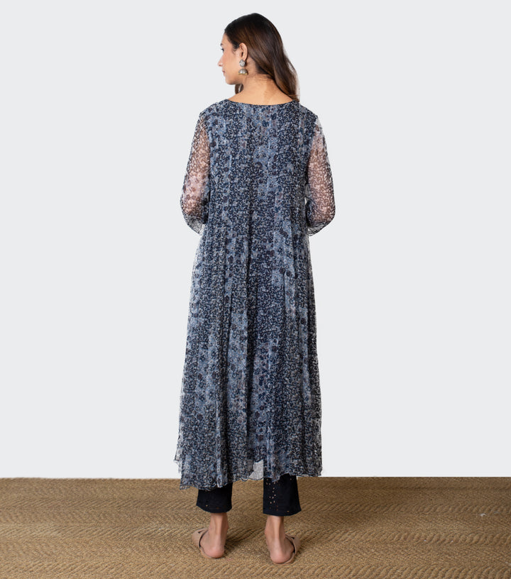 Navy Blue Chiffon Printed Kurta