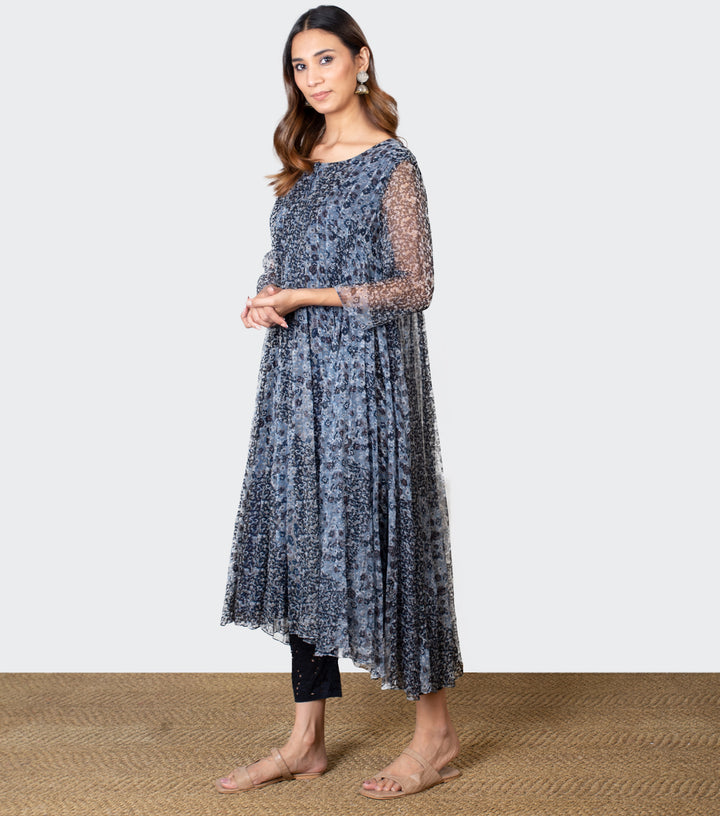 Navy Blue Chiffon Printed Kurta