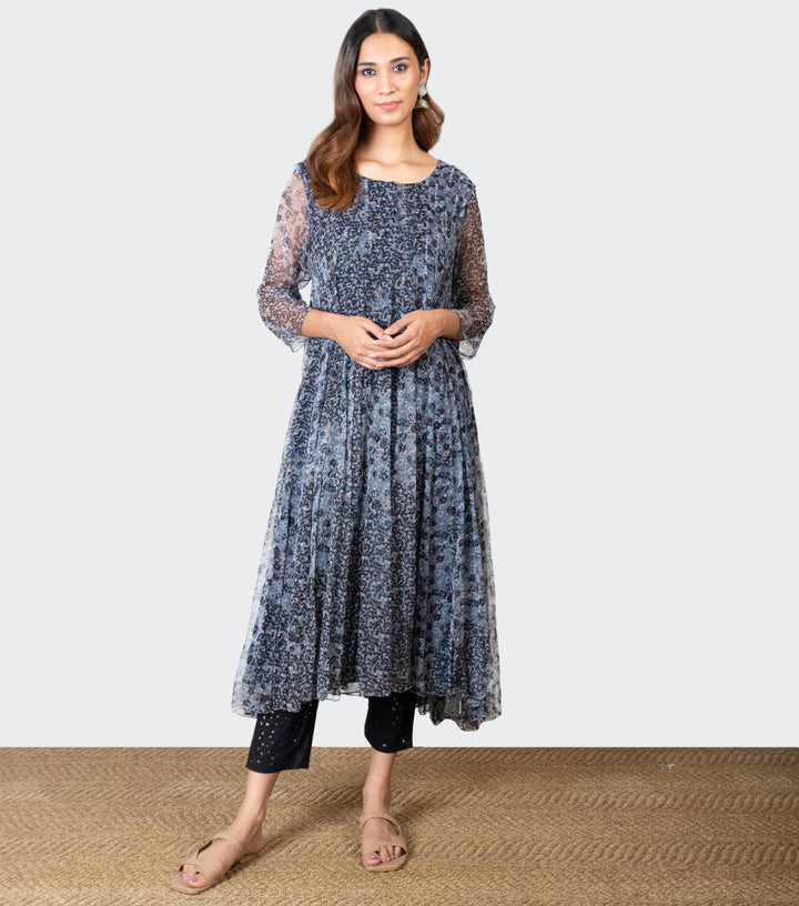 Navy Blue Chiffon Printed Kurta