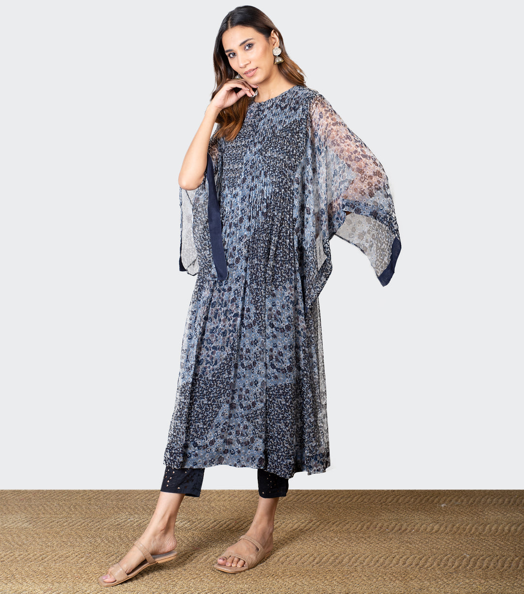 Navy Blue Chiffon Printed Kurta