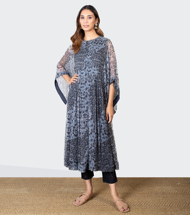 Navy Blue Chiffon Printed Kurta