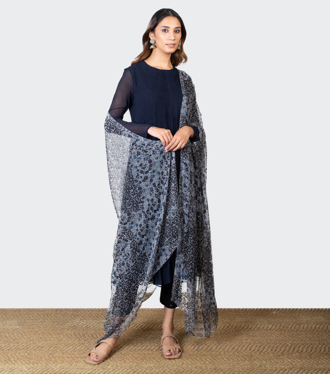 Navy Blue Chiffon Printed Dupatta