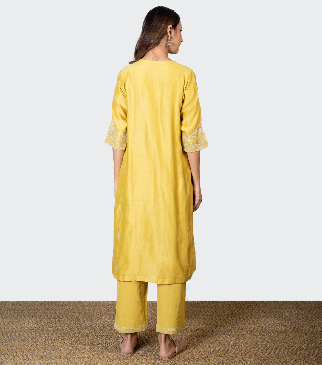 Yellow Zari Embroidered Chanderi Kurta Set with Pants