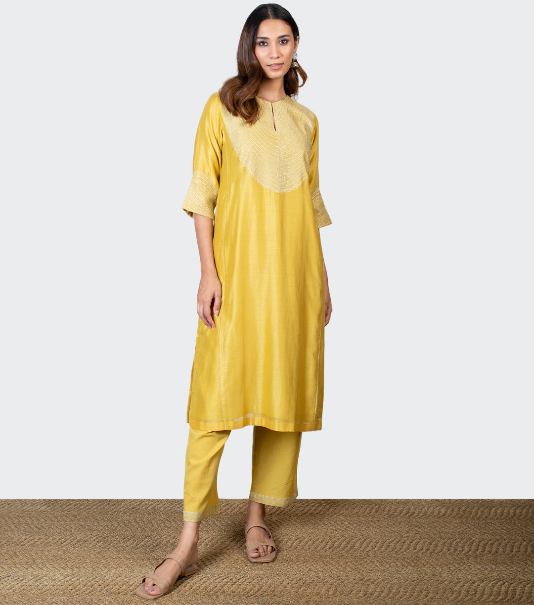 Yellow Zari Embroidered Chanderi Kurta Set with Pants