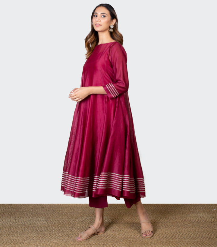 Maroon Chanderi Cotton Kurta with Pants - Set of 2