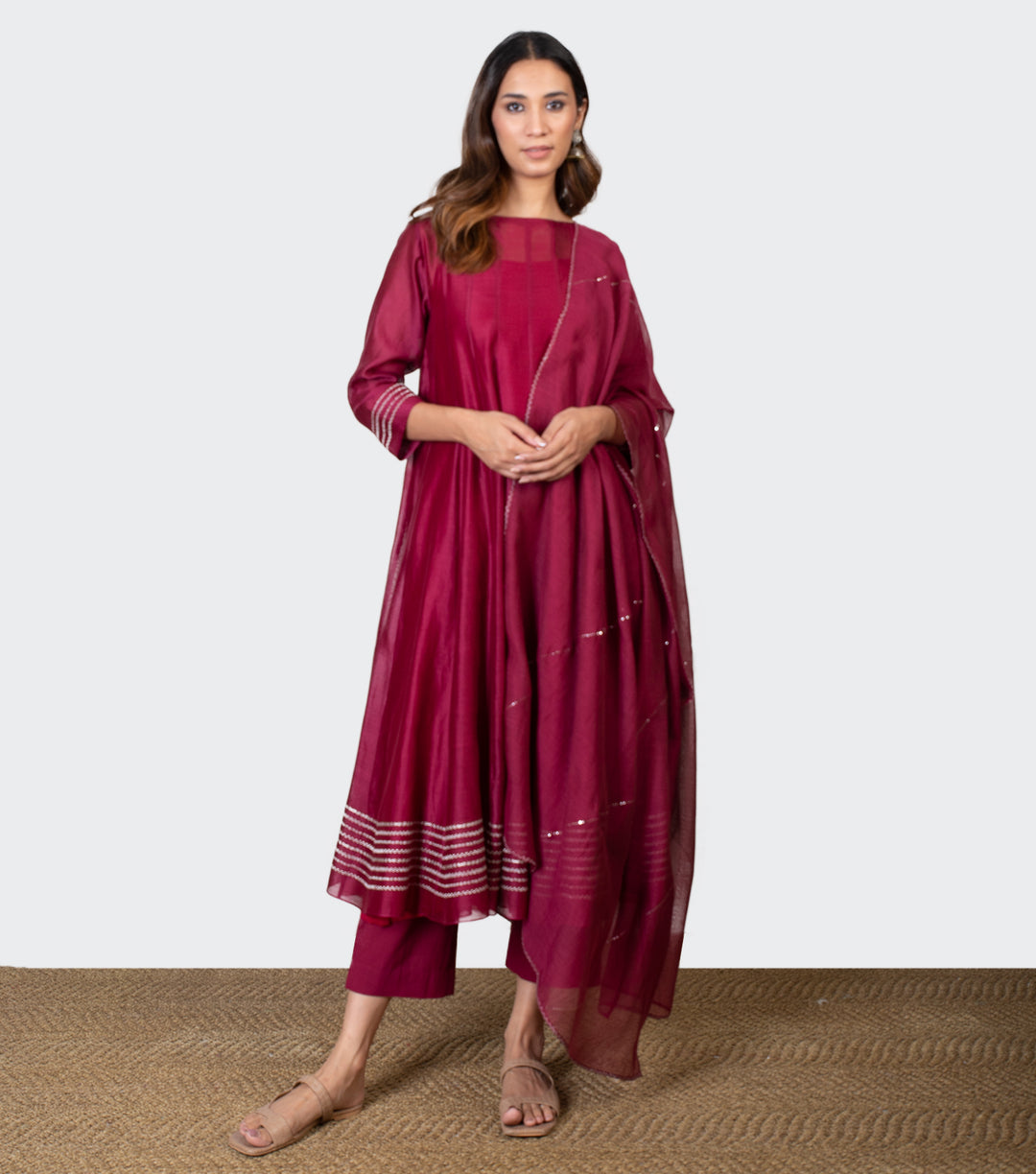 Maroon Embroidered Chanderi Dupatta