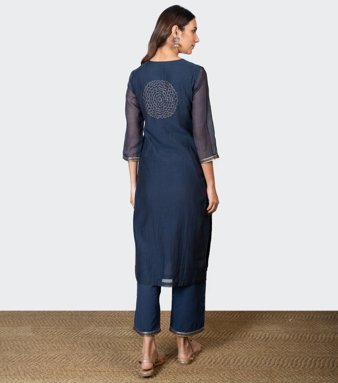 Navy Blue Zari Embroidered Chanderi Kurta with Cotton Pants and Chiffon Dupatta - Set of 3