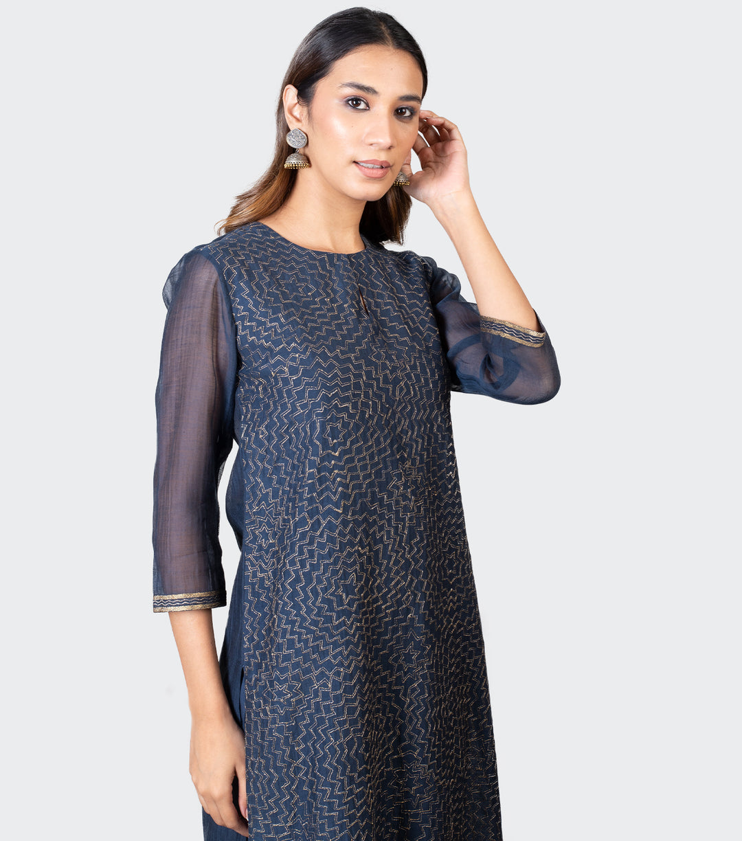 Navy Blue Zari Embroidered Chanderi Kurta with Cotton Pants and Chiffon Dupatta - Set of 3