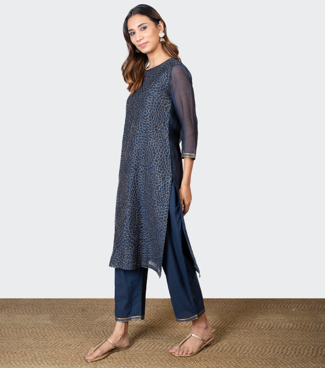 Navy Blue Zari Embroidered Chanderi Kurta with Cotton Pants and Chiffon Dupatta - Set of 3