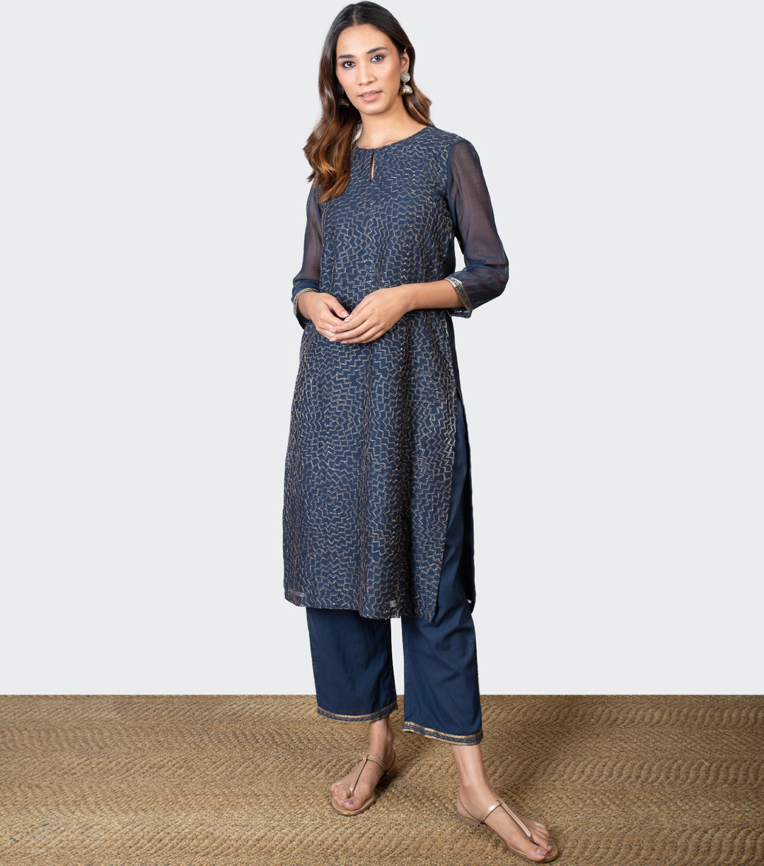 Navy Blue Zari Embroidered Chanderi Kurta with Cotton Pants and Chiffon Dupatta - Set of 3